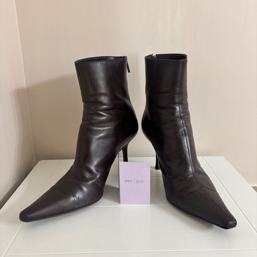 Jimmy Choo Vintage Y2K Brown Leather Pointed Toe Stiletto Ankle Boots Women 39.5